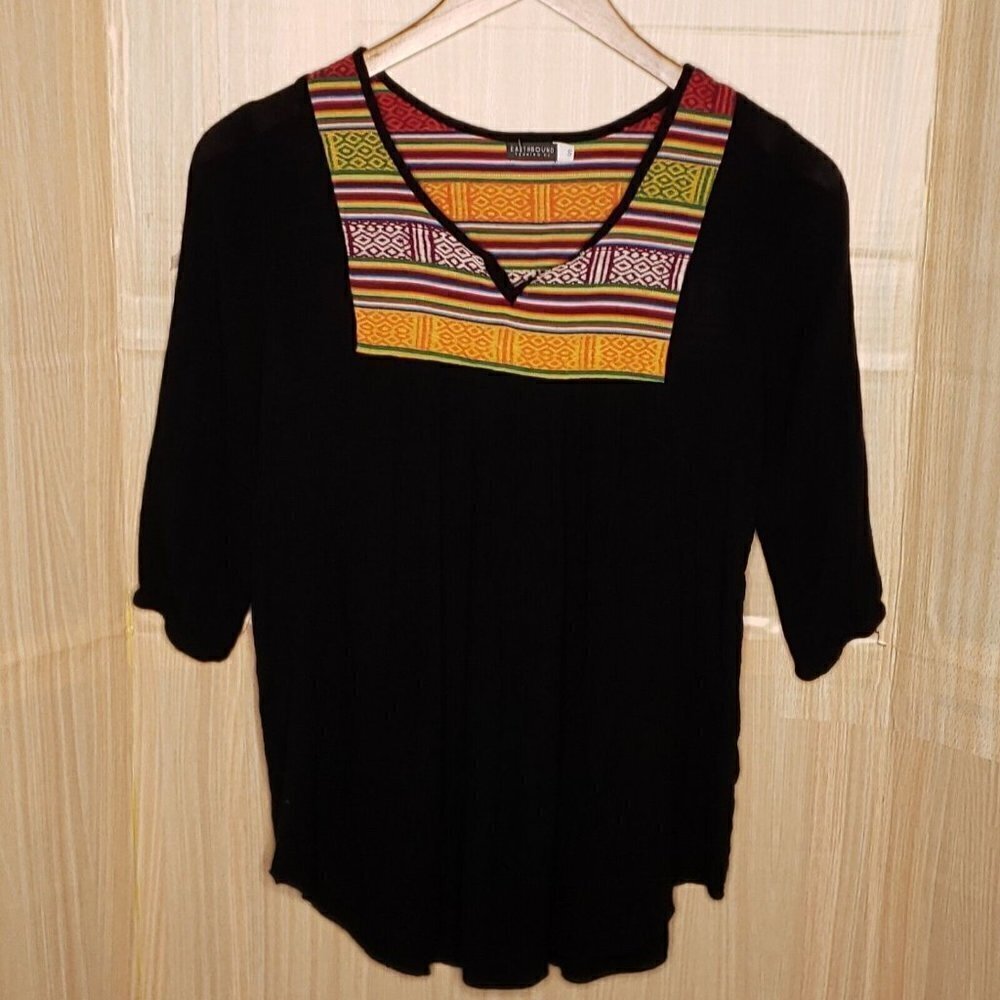 Earthbound Womens Black Gauzy Boho Embroidered Top Small